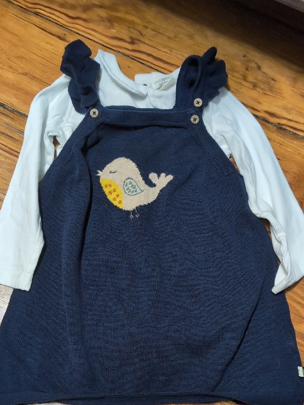 Navy Bird Knit Pinafore Dress for Girls with White Long-Sleeve Top